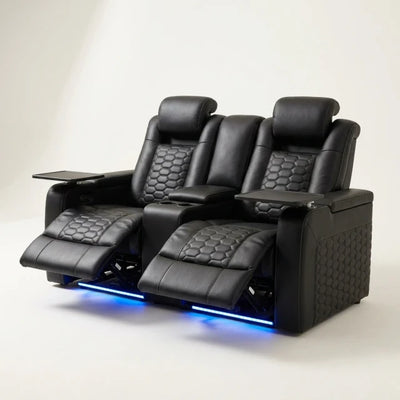 Power Reclining Sofa Built for Home Theater Comfort, Genuine Nappa Leather, USB Charging Ports, 62 Inch 2-Seat