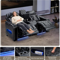 Home Theater Seating, Power Recliner Sofa Set with Adjustable Headrests, PU Leather Reclining Loveseat and Chair with Ambient Lighting, Cup Holders, USB & Type C Ports, Armrest Storage, Black