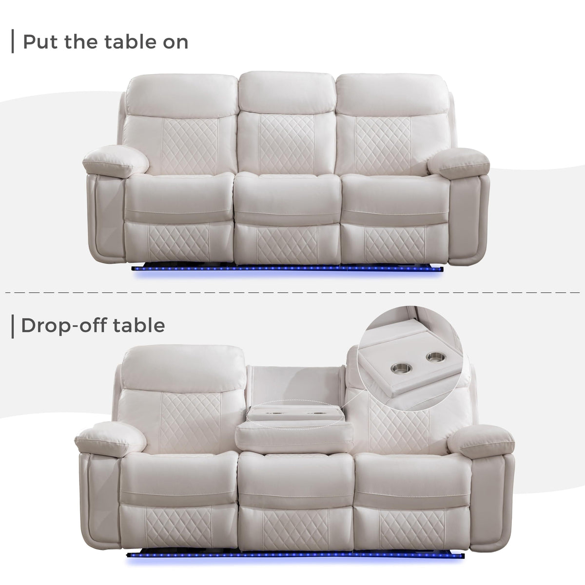 3 Seater Power Recliner Chair Sofa Set for Living Room,Faux Leather Electric White Home Theater Seating Reclining Sofa Couch with Flipped Middle Backrest,Led Light,Usb Port,Cup Holders