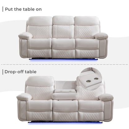 3 Seater Power Recliner Chair Sofa Set for Living Room,Faux Leather Electric White Home Theater Seating Reclining Sofa Couch with Flipped Middle Backrest,Led Light,Usb Port,Cup Holders