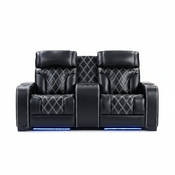 Home Theater Seating, Power Recliner Sofa Set with Adjustable Headrests, PU Leather Reclining Loveseat and Chair with Ambient Lighting, Cup Holders, USB & Type C Ports, Armrest Storage, Black
