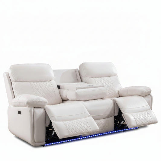 3 Seater Power Recliner Chair Sofa Set for Living Room,Faux Leather Electric White Home Theater Seating Reclining Sofa Couch with Flipped Middle Backrest,Led Light,Usb Port,Cup Holders