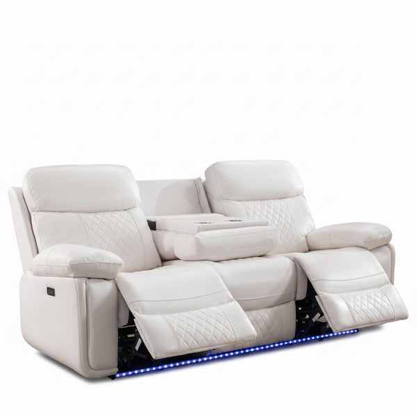3 Seater Power Recliner Chair Sofa Set for Living Room,Faux Leather Electric White Home Theater Seating Reclining Sofa Couch with Flipped Middle Backrest,Led Light,Usb Port,Cup Holders