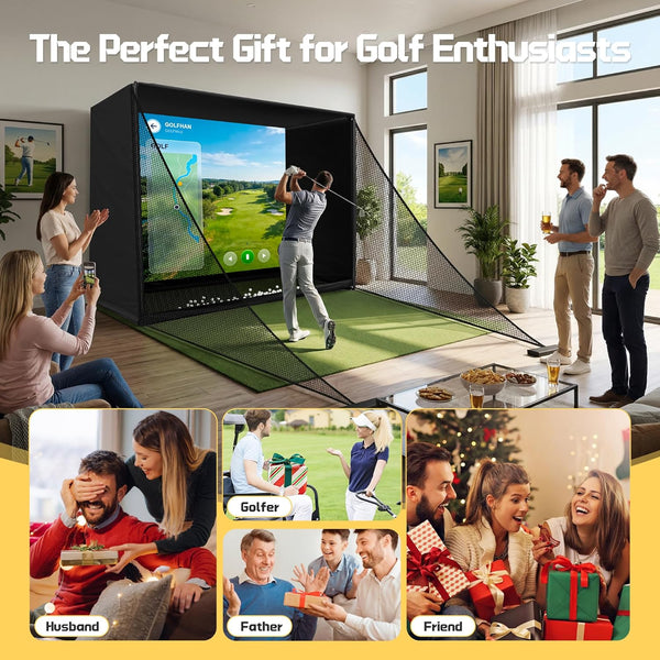 Golf Simulator Enclosure Designed for Indoor Practice, 10x8ft HD Impact Screen, EPE Foam Frame, Tool-Free Setup