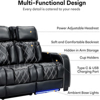 Home Theater Seating, Power Recliner Sofa Set with Adjustable Headrests, PU Leather Reclining Loveseat and Chair with Ambient Lighting, Cup Holders, USB & Type C Ports, Armrest Storage, Black