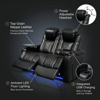 Power Reclining Sofa Built for Home Theater Comfort, Genuine Nappa Leather, USB Charging Ports, 62 Inch 2-Seat — infographic