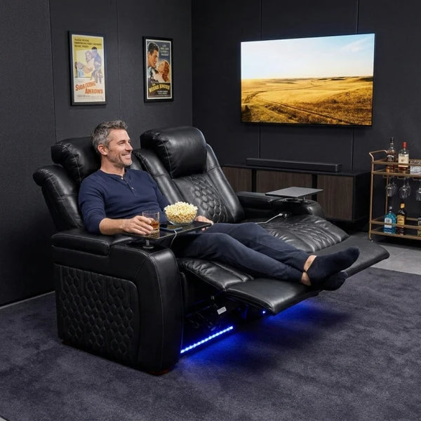 Power Reclining Sofa Built for Home Theater Comfort, Genuine Nappa Leather, USB Charging Ports, 62 Inch 2-Seat