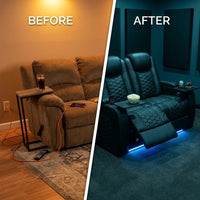 Power Reclining Sofa Built for Home Theater Comfort, Genuine Nappa Leather, USB Charging Ports, 62 Inch 2-Seat — Before & After